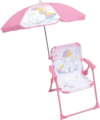 Productafbeelding van Klapstoel voor kinderen - Roze eenhoorn-thema met parasol. Afmetingen: Ø 65 cm, hoogte 53 cm, breedte 39 cm, diepte 39 cm