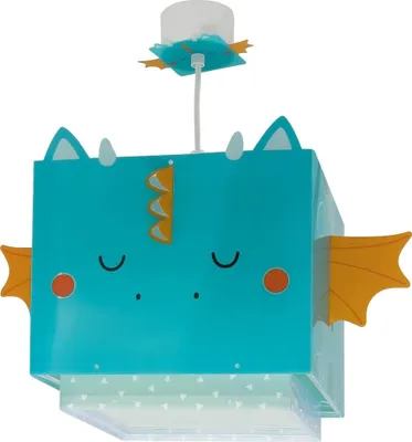Produktbild von Kinderdeckenlampe mit Drachen-Simulation, transparentem Doppelschirm und ausgestanzten Motiven