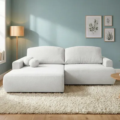 Productafbeelding van Linkerbank van een hoekbank, model Helmi, met slaapfunctie, bedopslag Bravo 21, lichtgrijs, boucle stof, met veerkern