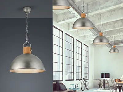Produktbild von Retro LED Pendelleuchte mit Metall Lampenschirm einflammig über Esstischlampen