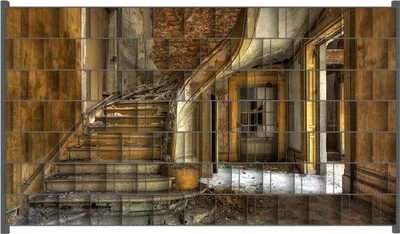 Produktbild von Wallario Zaunsichtschutz mit Motiv Massive Steintreppe in herrenlosem Haus für Ein- und Doppelstabmatten Zäune in der Größe 250 x 140 cm
