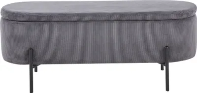 A gray upholstered storage bench with black metal legs is shown against a white background.