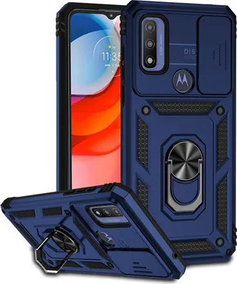 Image de Étui pour Motorola G Pure étui double couche avec couvercle coulissant pour l'appareil photo et anneau de support bleu