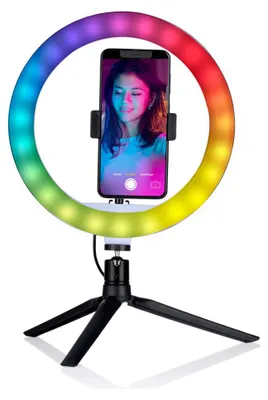 Image de Grundig LED Ringlicht mit Stativ - Eclairage annulaire pour téléphone portable avec trépied - Lampe annulaire LED avec 150 LED - Support pour trépied de téléphone portable avec éclairage annulaire - Eclairage annulaire réglable avec modes de couleur et de luminosité