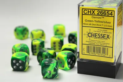 Produktbild von Chessex - Gemini - 12x D6 16mm - Green-Yellow/Silver