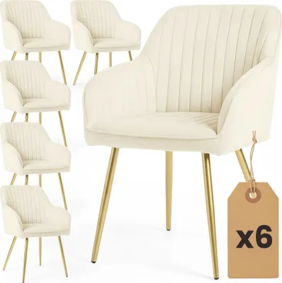 Produktbild von 6er Set Velours Esszimmerstühle mit Ziernähten FLORENCE Creme mit goldenen Beinen