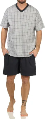Produktbild von Herren Schlafanzug kurzarm Shorty Pyjama mit karierten Oberteil - 112 105 90 445 ; dunkelgrau , 50