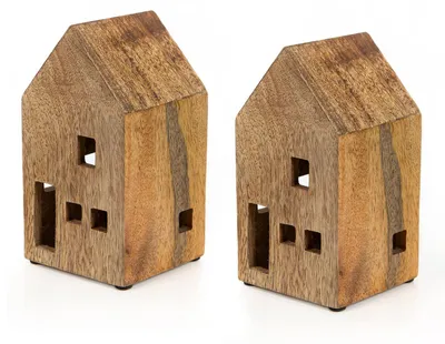 Produktbild von 2 Häuser zum Hinstellen Haus Figuren aus Holz braun Strandhaus maritim 12-16 cm