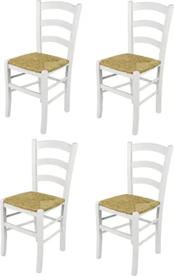 Four white chairs with woven seats are arranged in a grid against a white background.
