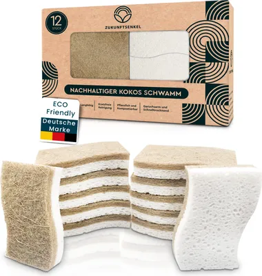 A product shot of eco-friendly coconut sponges, with packaging shown above and loose sponges below.