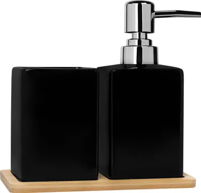 Produktbild von QUVIO Seifenspender mit Zahnputzbecher + Holzuntersetzer - Seifenpumpe - Handseife - Seifenhalter - 8.5 x 16 x 16 - Schwarz