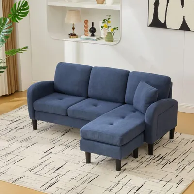Produktbild von L-förmiges Ecksofa mit Chaiselongue, 3-Sitzer-Sofa aus Baumwoll-Leinen mit Kunststoffbeinen, atmungsaktives, modulares Sofa für das Wohnzimmer, Blau
