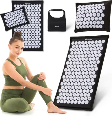 Obrázok produktu pre Akupresúrna podložka ECO z ľanového a kokosového vlákna s pohánkovým vankúšom 68 cm - HyperMotion čierna a biela