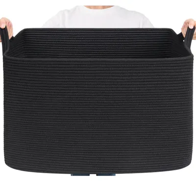 Image de Panier de rangement en corde de coton, rectangulaire, 105 litres, noir, 63,5 x 40,5 x 40,5 cm