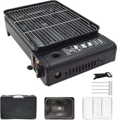 Obrázek produktu pro Sada přenosného plynového grilu pro kempování – plynový gril s roštem a pánví na cesty