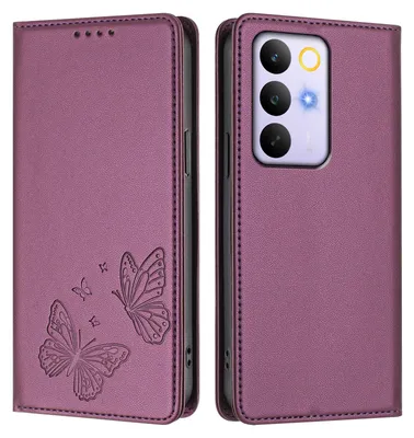 Image de Étui en cuir pour Realme C85 5G, étui de protection type portefeuille en cuir gaufré motif papillon avec support, violet