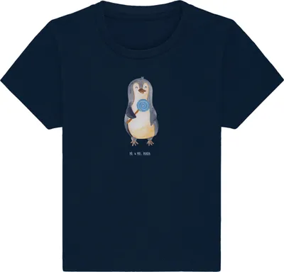 Produktbild von Mr. & Mrs. Panda  T-Shirt Pinguin Lolli 12. - 18. Monat - French Navy - Geschenk, Süß, Baby, Babyshirt, Spruch, Organic Shirt, Kleinkind, Süßigkeiten, Naschen, Kinder