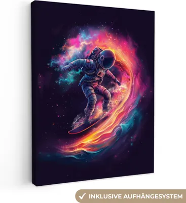 Produktbild von MuchoWow® - Leinwandbilder - Astronaut - Weltraum - Surfen - Farbenfroh, Wandbild, Wanddeko Bilder Wohnzimmer, 90x120cm