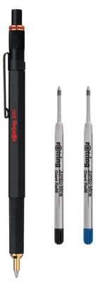 Produktbild von rOtring 800 Kugelschreiber-Set, mittlere Spitze, schwarze Tinte, schwarzer Schaft, nachfüllbar, rOtring Kugelschreiberminen, mittelgroß, Schwarz und Blau