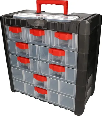A black and red parts organizer with multiple clear drawers.