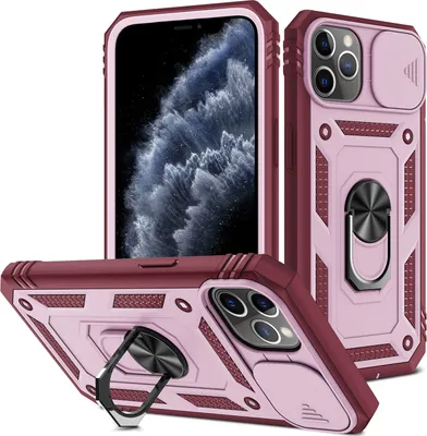 Immagine prodotto di Custodia per iPhone 11 Pro protezione fotocamera scorrevole, resistente agli urti, con supporto ad anello, supporto e porta carte di credito Rosso Rosa