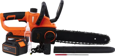 A cordless chainsaw and its accessories are displayed against a white background.