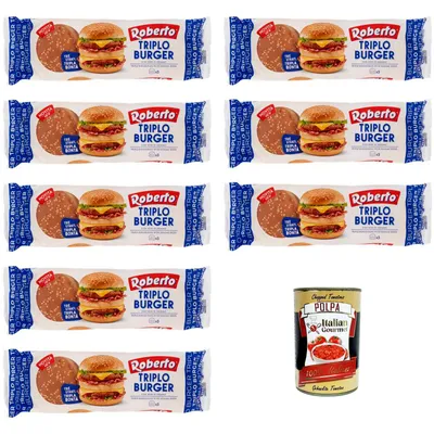 Produktbild von Roberto Burger Brötchen Triplo 8 x 240 g Sesam Burger Buns dreischichtig weich für Hamburger Sandwich Grill Party Vorratspack + Italian Polpa