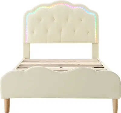 Zdjęcie produktu dla Łóżko dziecięce z zagłówkiem w kształcie fali, efekt świetlny LED, biały PU, 90x200cm