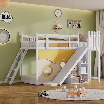 Produktbild von MODFU Patrová postel pro děti 90x200 cm se schodištěm a zábradlími, Patrová postel s ochranou proti pádu a mřížemi, Masivní dřevěná postel, Postel se záclonou, skluzavkou a regálem, Dětská postel, Bílá