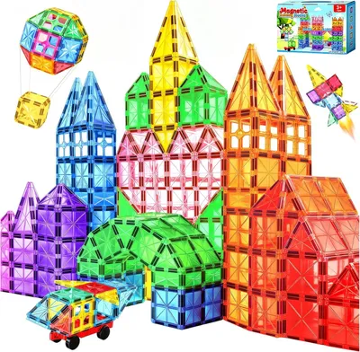 Produktbild von Magnetische Bausteine 67-teilig – Magnetbausteine Set für Kinder ab 3 Jahren – STEM/MINT Konstruktionsspielzeug mit Quadraten, Dreiecken, Fensterbögen & Radbasisteil – Starke Magnete – 2D/3D Bauset mit Aufbewahrungsbox – Geschenk für Mädchen & Jungen