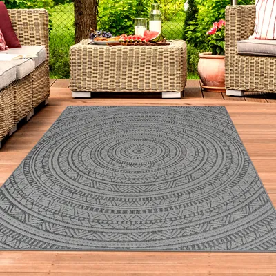 Obrázek produktu pro Kulatý venkovní koberec s etnickým vzorem v tmavě šedé barvě na terasu a balkon Velikost - 120 x 170 cm