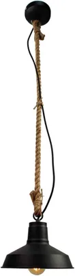 A black pendant light with a rope cord hanging from a ceiling mount.