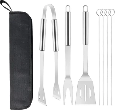 Produktbild von Grillbesteck Set 7-teilig, Edelstahl Wender, Grillgabel, Zangen, Grillspieße, für BBQ