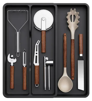 Verstellbarer Besteck-Organizer, 22,6-35,7x40x4,5 cm, Schwarz