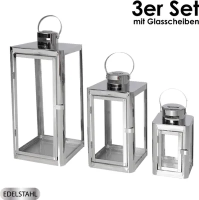 Produktbild von 3er Set Edelstahl Laterne Gartenlaterne Windlicht Kerzenhalter Glasscheibe Deko edelstahl