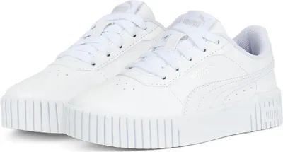 A pair of white Puma sneakers.