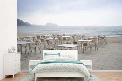 Produktbild von MuchoWow® Fototapete für Wohnzimmer oder Schlafzimmer Wandtapete Vinyl Motivtapete Terrasse am Wasser in Spanien - 525x350 cm - Das Hintergrundbild