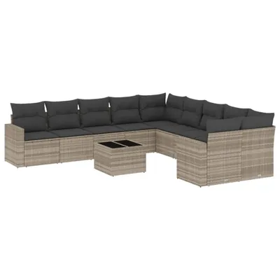 Produktbild von vidaXL 11-tlg. Garten-Sofagarnitur mit Kissen Hellgrau Poly Rattan
