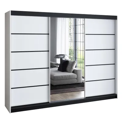 Produktbild von Schwebetürenschrank 200 cm, 3-türig, mit Spiegel & 4 Schubladen, Retro-Stil, modern – Kleiderschrank VILUNO 4 Weiß / weiß / weiß