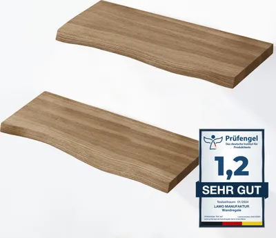Produktbild von LAMO Manufaktur 2 Stück Wandregal aus Holz mit unsichtbarer Befestigung 2x 42cm | Wandregal aus 100 % echtem Holz | Hängeregal für Wohnzimmer, Wandregale SET 2 Baumkante | Regal Farbe: Nussbaum
