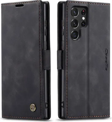 Produktbild von Galaxy S22 Ultra 5G Hülle, Retro Kunstledertasche mit Standfunktion Schutzhülle für Samsung Galaxy S22 Ultra 5G Schwarz