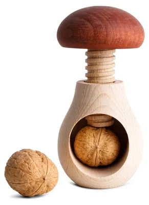 Produktbild von Nussknacker aus Holz | Pilzform | 10 x 6 cm | Naturholz Buche | Schraubmechanismus | Gewinde | Robuster und praktischer Nussknacker in Pilzform