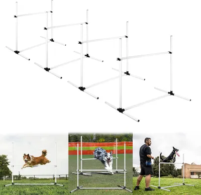 Produktbild von UISEBRT Hunde Agility Hürdenset Agility-Ausrüstung für Hunde 4 x Hürden Slalom Stangen 104x70x101cm Verstellbare Höhe mit Tasche, Weiß