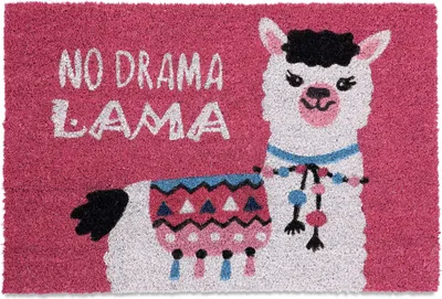Immagine prodotto di Zerbino Relaxdays Lama, in cocco, con frase, 60 x 40 cm, antiscivolo, con bordo raschiatore interno ed esterno, rosa/bianco