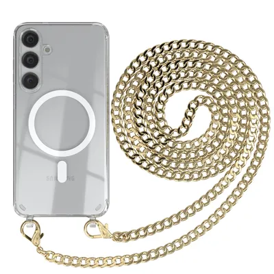 Produktbild von EAZY CASE Handykette kompatibel mit Samsung Galaxy S24 Plus, Kette zum Umhängen aus Metall, Silikonhülle mit Band, stoßfest, mit MagSafe in Gold