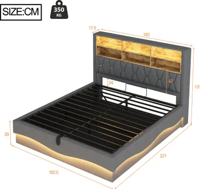 Produktbild von Sweiko Polsterbett 180×200 mit hydraulischem Stauraum APP-gesteuertes LED-Lichtband USB-Ladeanschluss Metall-Lattenrost Leinenpolsterung Grau.