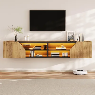 Image de Meuble TV mural Merax avec éclairage RGB LED et contrôle via application, meuble TV avec 2 portes géométriques, meuble TV avec 6 espaces de rangement, finition noire et imitation bois