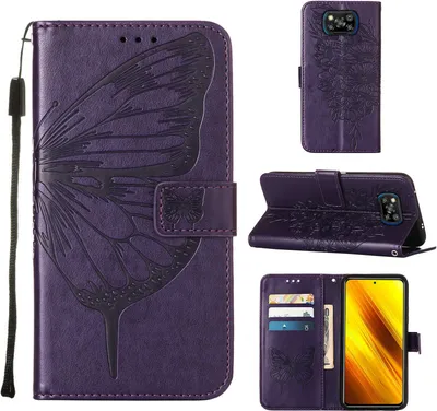 Produktbild von Xiaomi Poco X3 NFC Hülle, Schmetterling Prägung Flip Leder Kartenfächer Schutzhülle Ledertasche mit Ständer für Xiaomi Poco X3 NFC / X3 / X3 Pro Lila