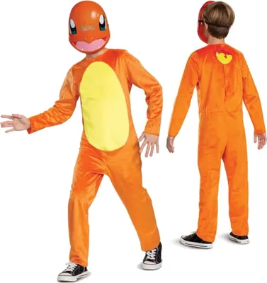 Two children wearing Charmander costumes, one facing forward and one facing backward.