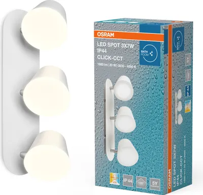 Immagine prodotto di OSRAM LED a 3 spot per parete/soffitto del bagno con Click-CCT in alluminio bianco, temperatura di colore regolabile tramite interruttore a parete, protezione IP44, luce a plafone per interni